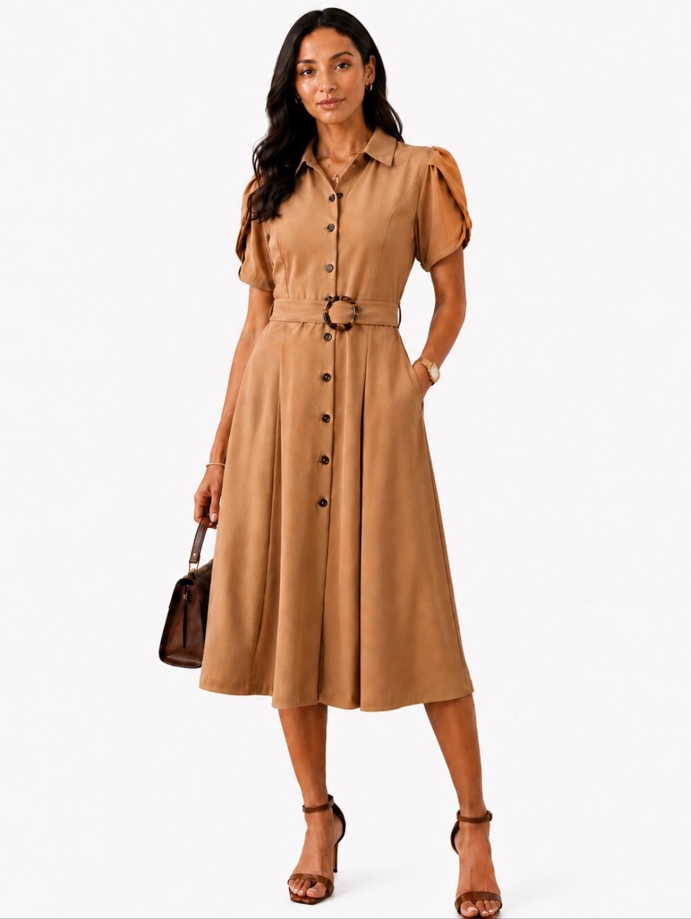 Calvin Klein Women’s Belted Button Front Shirt Dress Size 6 Puff Sleeve, NWT.